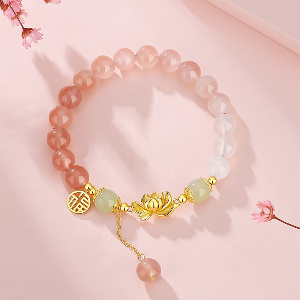 925 Sterling Silver Lotus & Fu Character Bracelet with Gradient Agate and Hetian Jade