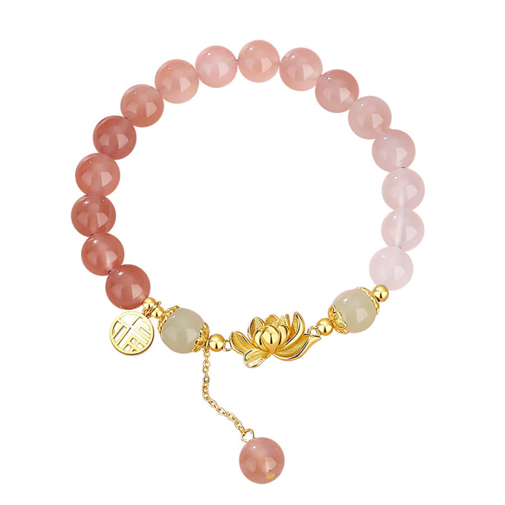 925 Sterling Silver Lotus & Fu Character Bracelet with Gradient Agate and Hetian Jade