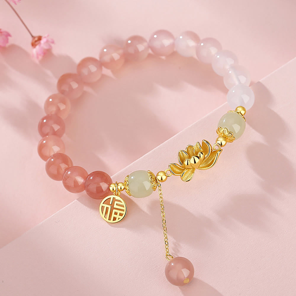 925 Sterling Silver Lotus & Fu Character Bracelet with Gradient Agate and Hetian Jade
