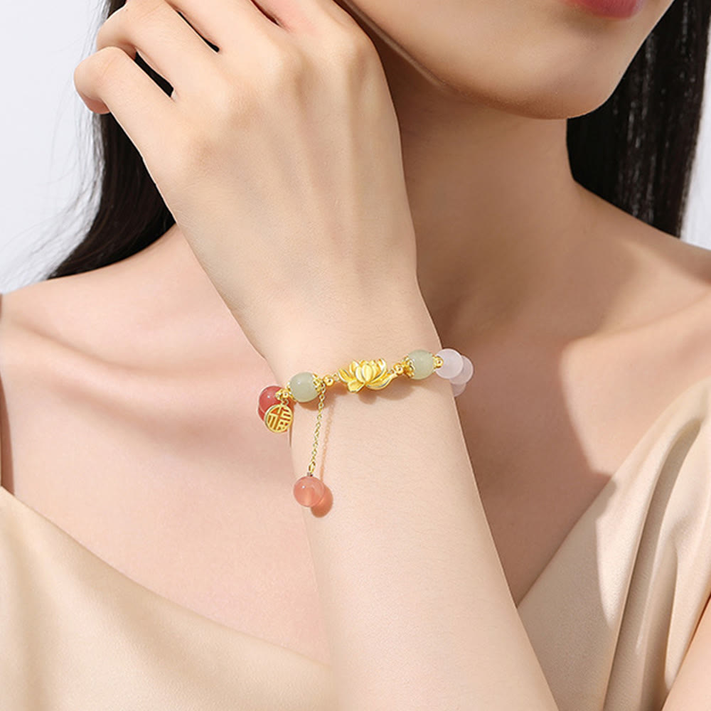 925 Sterling Silver Lotus & Fu Character Bracelet with Gradient Agate and Hetian Jade