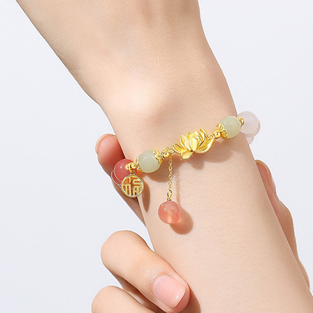 925 Sterling Silver Lotus & Fu Character Bracelet with Gradient Agate and Hetian Jade