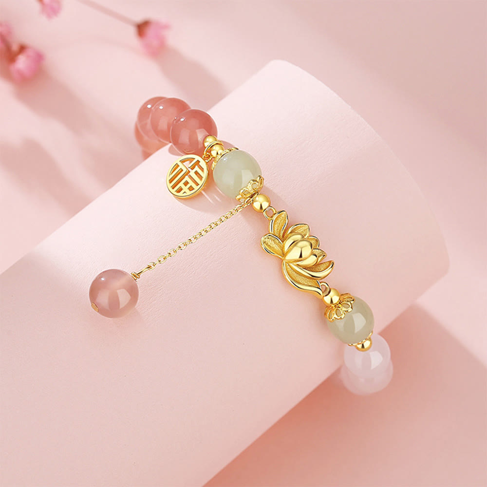 925 Sterling Silver Lotus & Fu Character Bracelet with Gradient Agate and Hetian Jade