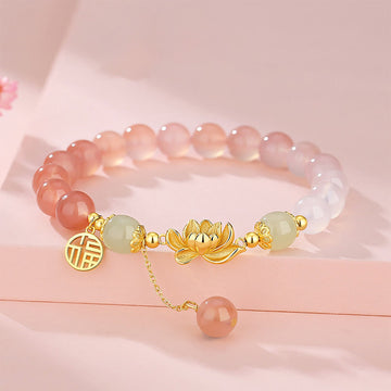 925 Sterling Silver Lotus & Fu Character Bracelet with Gradient Agate and Hetian Jade