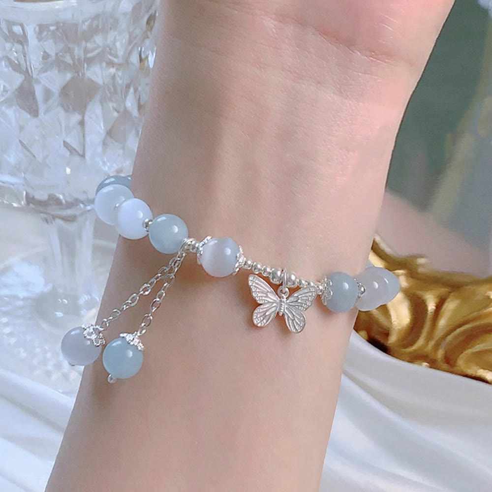 Cat's Eye Aquamarine Butterfly Charm Support Bracelet