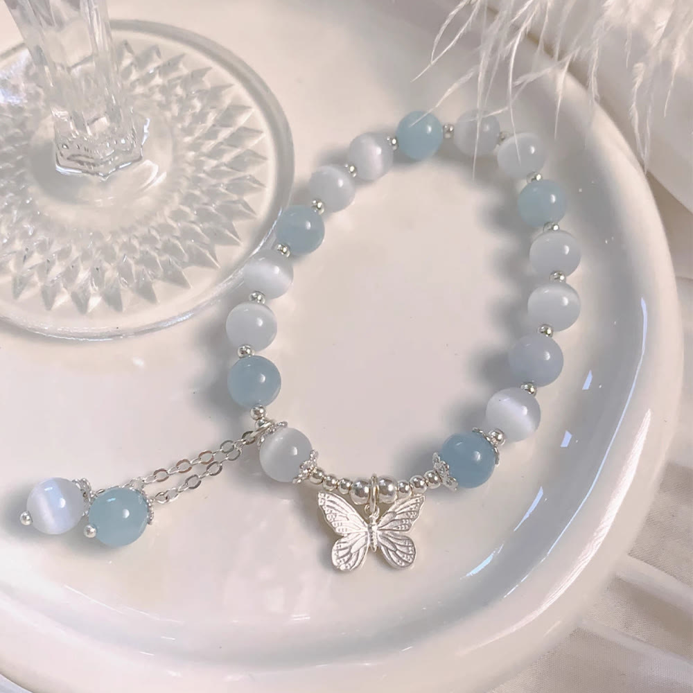 Cat's Eye Aquamarine Butterfly Charm Support Bracelet