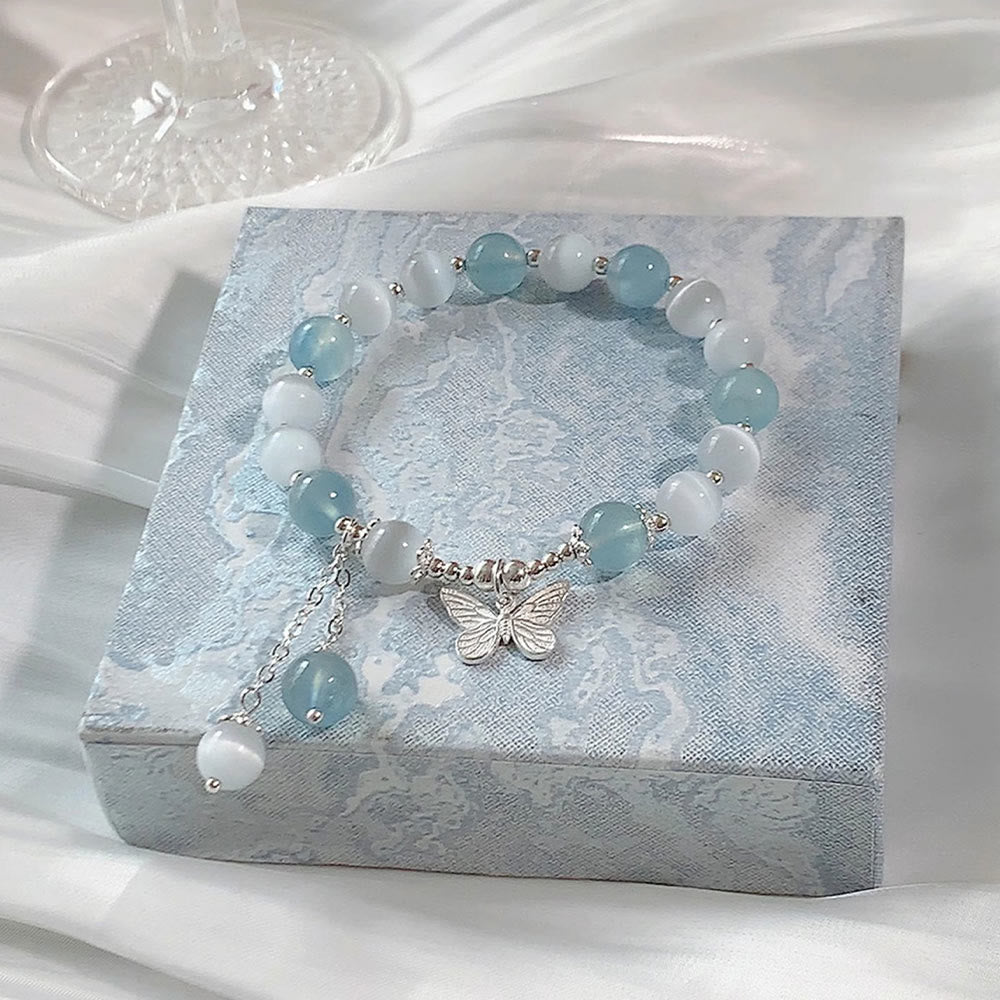 Cat's Eye Aquamarine Butterfly Charm Support Bracelet