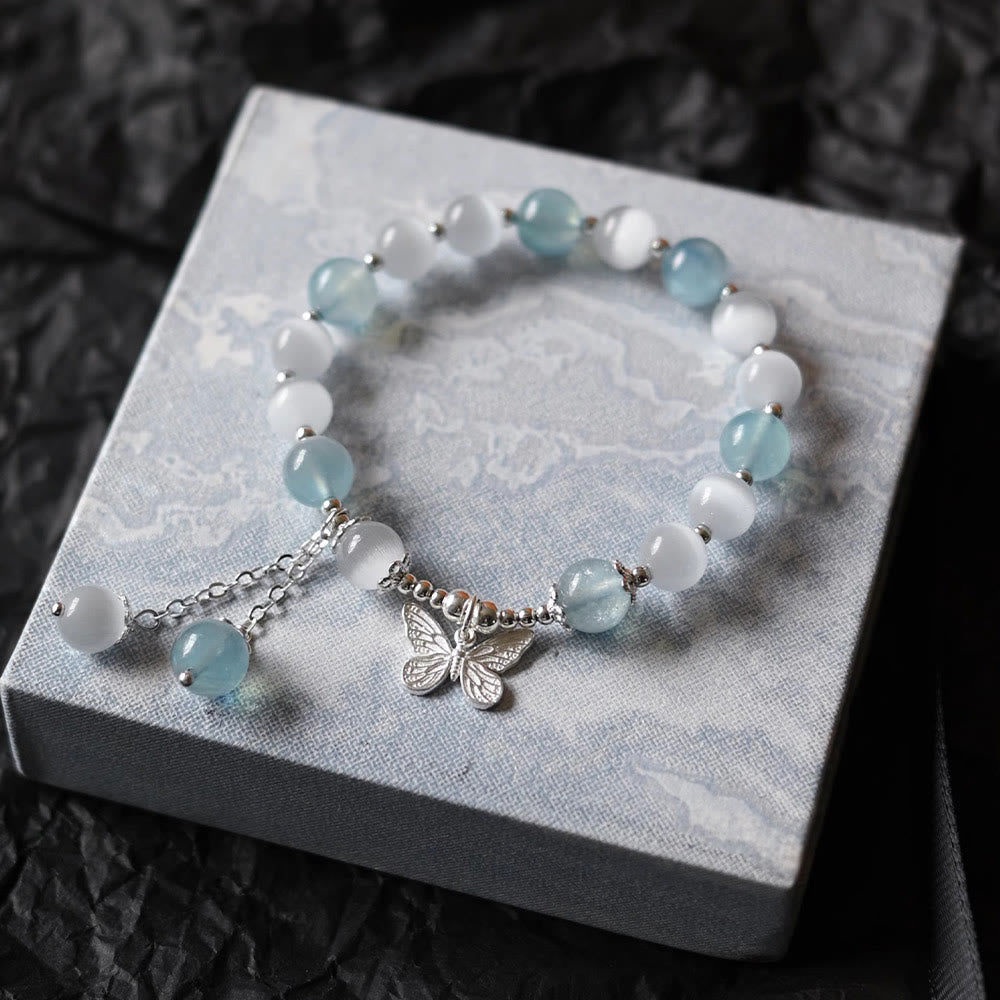 Cat's Eye Aquamarine Butterfly Charm Support Bracelet