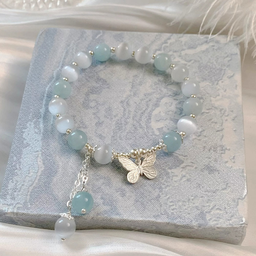 Cat's Eye Aquamarine Butterfly Charm Support Bracelet