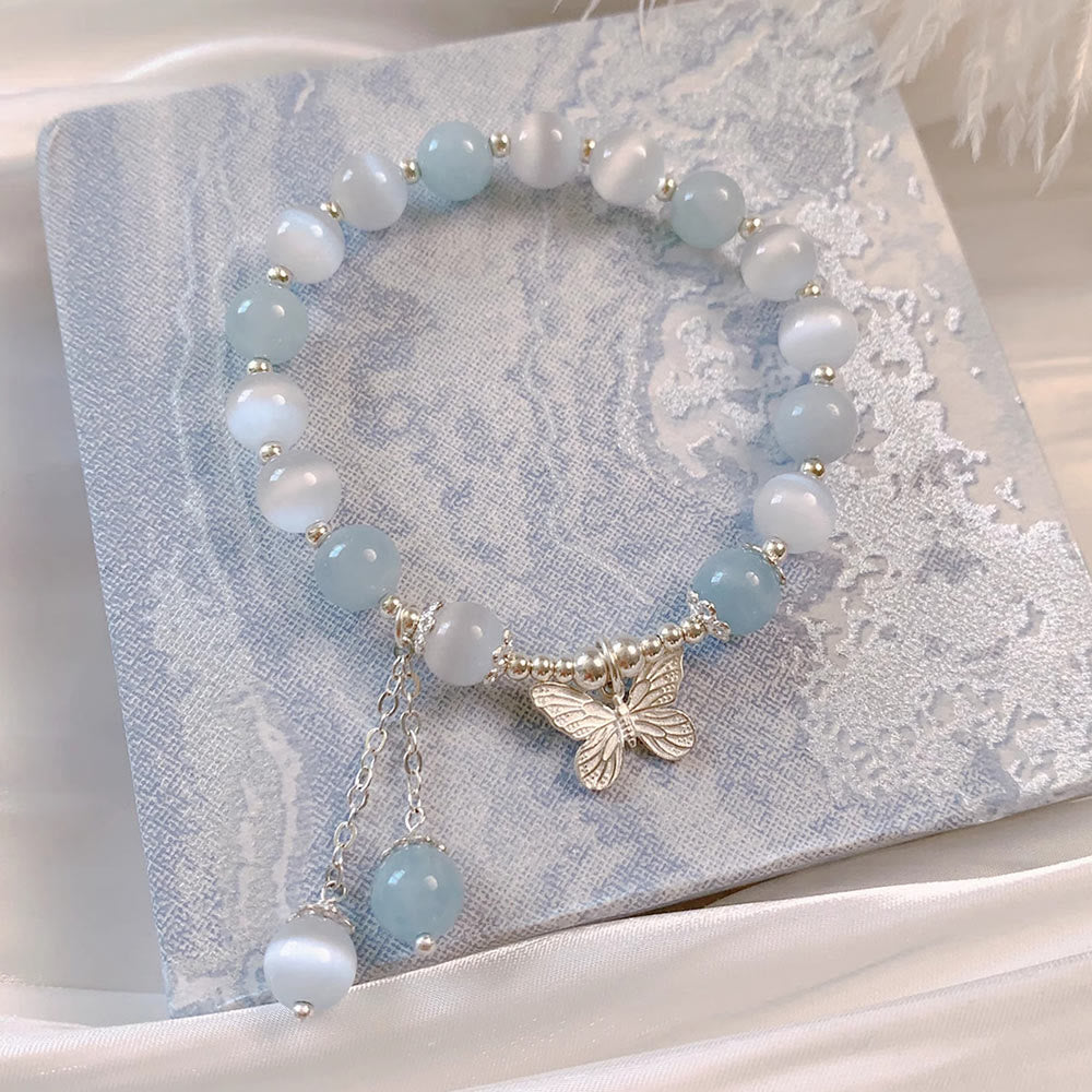 Cat's Eye Aquamarine Butterfly Charm Support Bracelet
