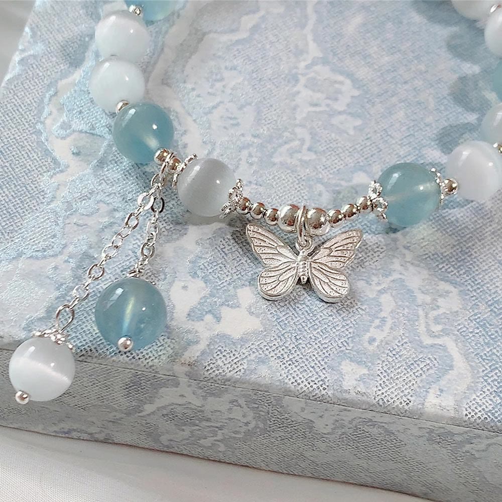 Cat's Eye Aquamarine Butterfly Charm Support Bracelet