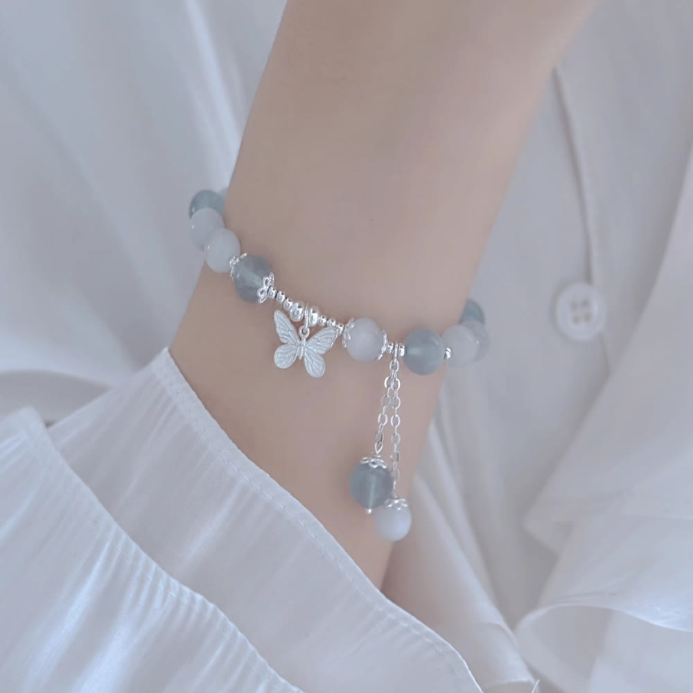 Cat's Eye Aquamarine Butterfly Charm Support Bracelet