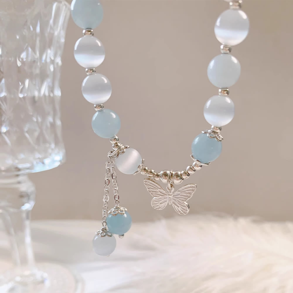 Cat's Eye Aquamarine Butterfly Charm Support Bracelet
