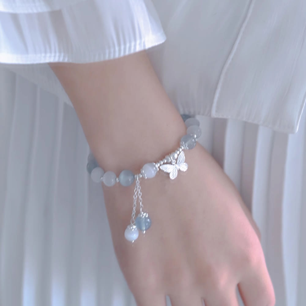 Cat's Eye Aquamarine Butterfly Charm Support Bracelet