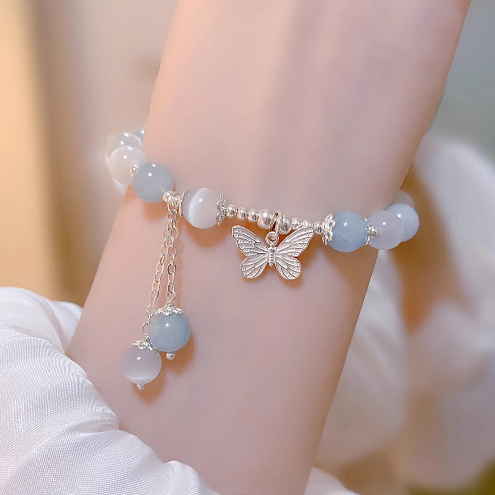 Cat's Eye Aquamarine Butterfly Charm Support Bracelet