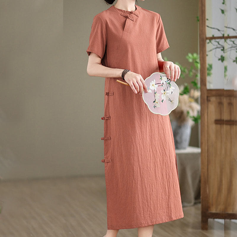 Tactile Cotton Minimalist Frog-Button Qi-Pao Midi Dress