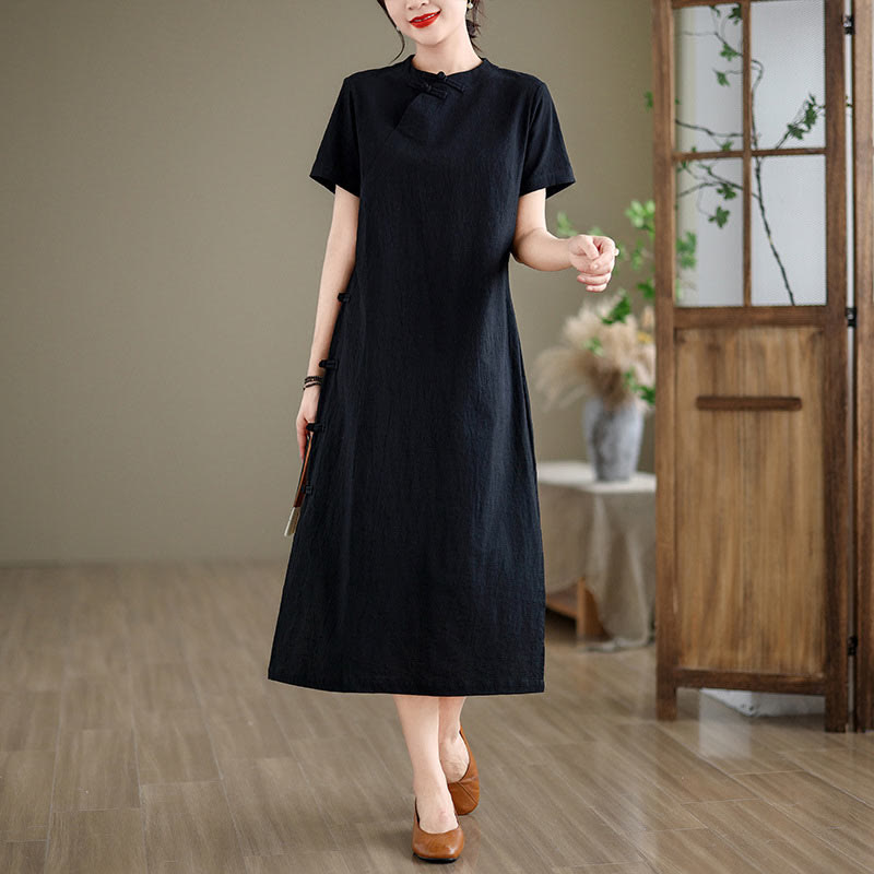 Tactile Cotton Minimalist Frog-Button Qi-Pao Midi Dress