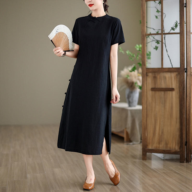 Tactile Cotton Minimalist Frog-Button Qi-Pao Midi Dress