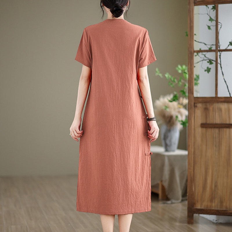 Tactile Cotton Minimalist Frog-Button Qi-Pao Midi Dress