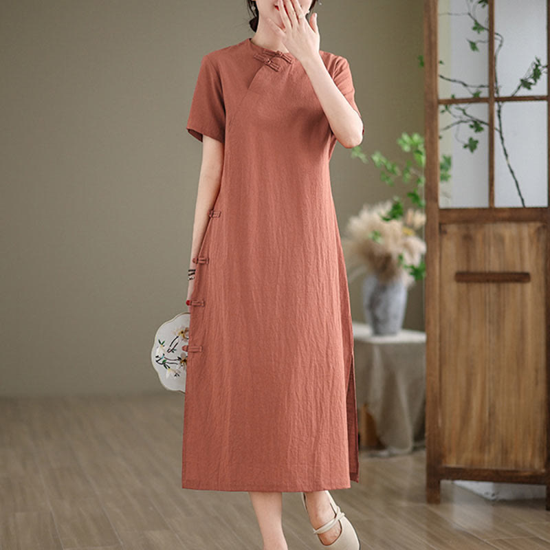 Tactile Cotton Minimalist Frog-Button Qi-Pao Midi Dress