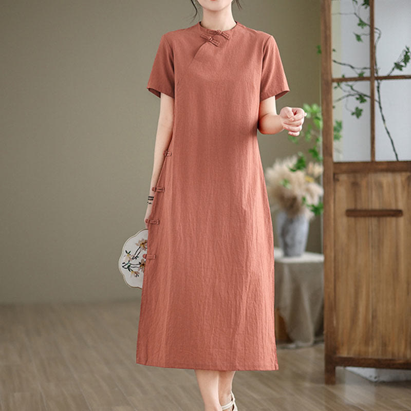 Tactile Cotton Minimalist Frog-Button Qi-Pao Midi Dress