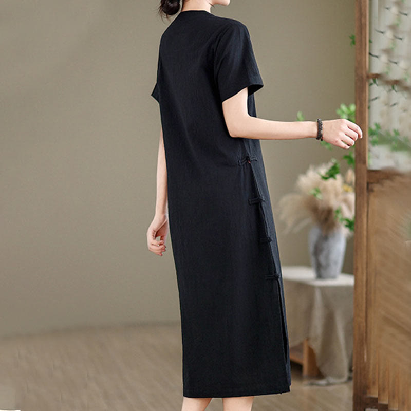 Tactile Cotton Minimalist Frog-Button Qi-Pao Midi Dress
