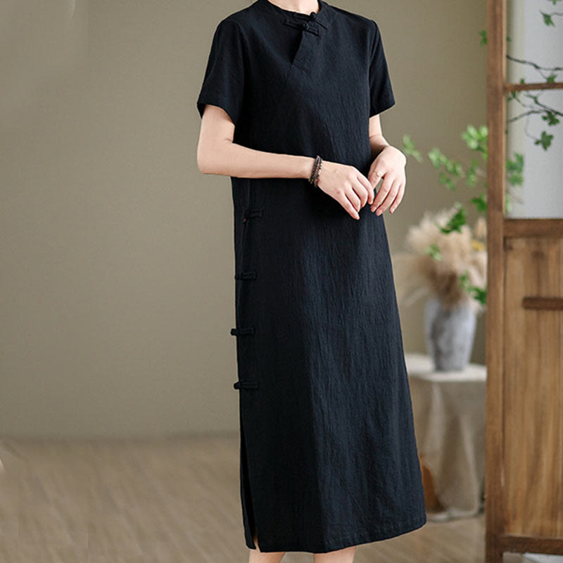 Tactile Cotton Minimalist Frog-Button Qi-Pao Midi Dress