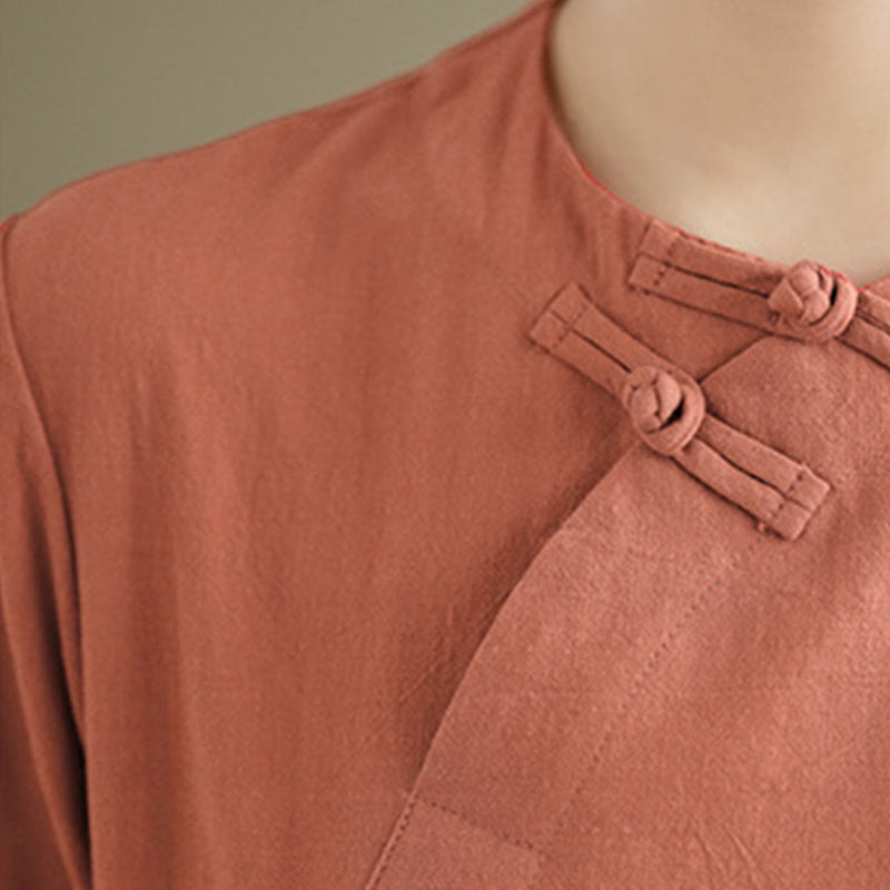 Tactile Cotton Minimalist Frog-Button Qi-Pao Midi Dress