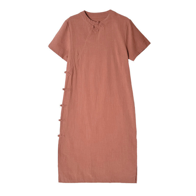 Tactile Cotton Minimalist Frog-Button Qi-Pao Midi Dress