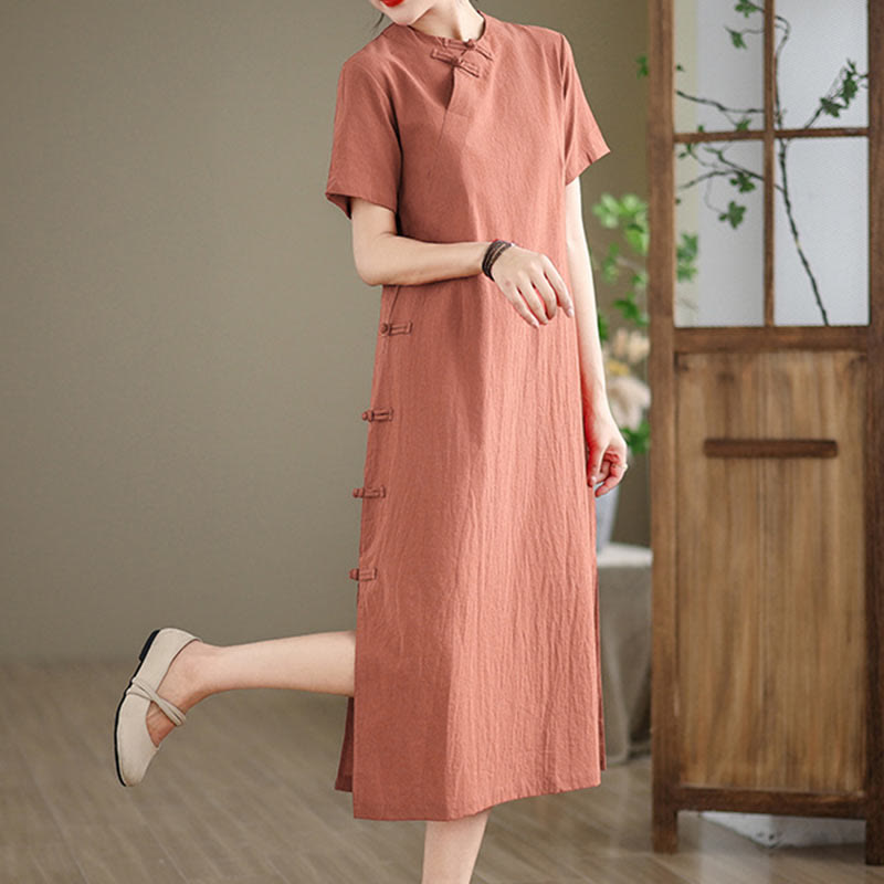 Tactile Cotton Minimalist Frog-Button Qi-Pao Midi Dress