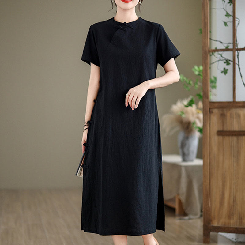 Tactile Cotton Minimalist Frog-Button Qi-Pao Midi Dress