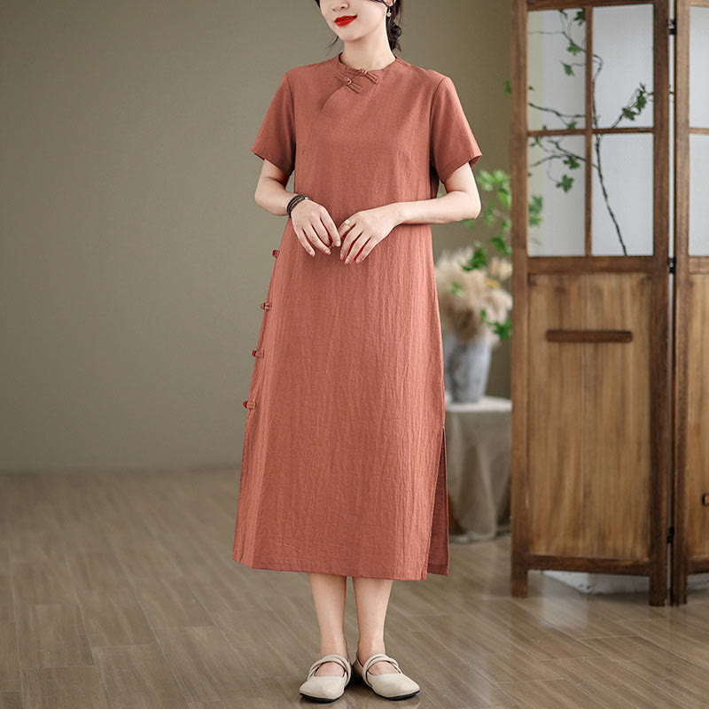 Tactile Cotton Minimalist Frog-Button Qi-Pao Midi Dress
