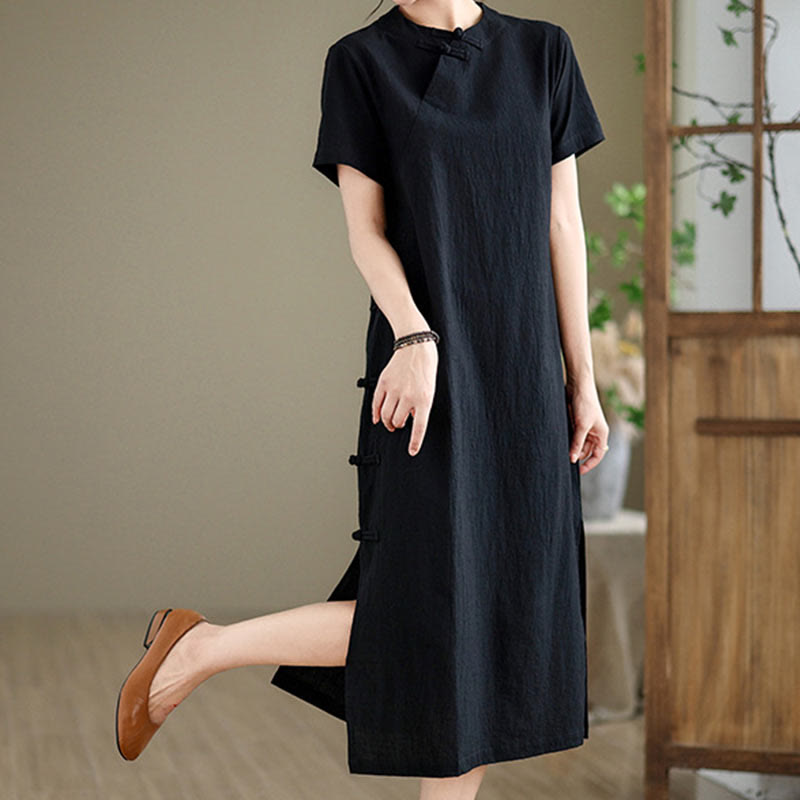 Tactile Cotton Minimalist Frog-Button Qi-Pao Midi Dress