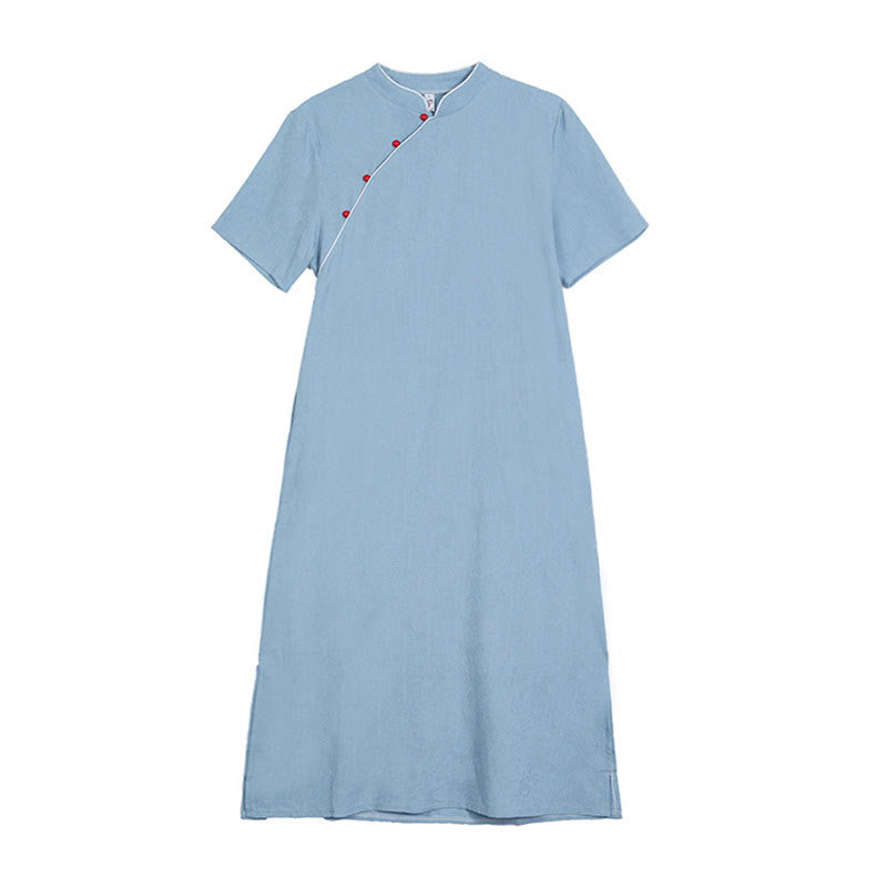 Jacquard Solid Color Cotton Linen Short Sleeve Cheongsam Qipao Midi Dress With Pockets
