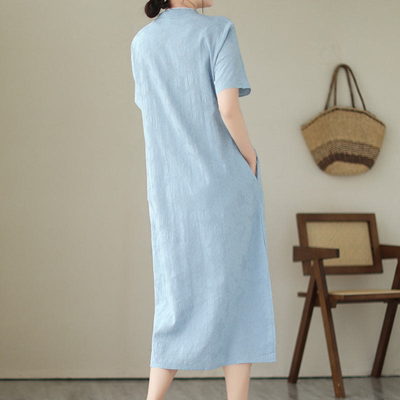 Jacquard Solid Color Cotton Linen Short Sleeve Cheongsam Qipao Midi Dress With Pockets