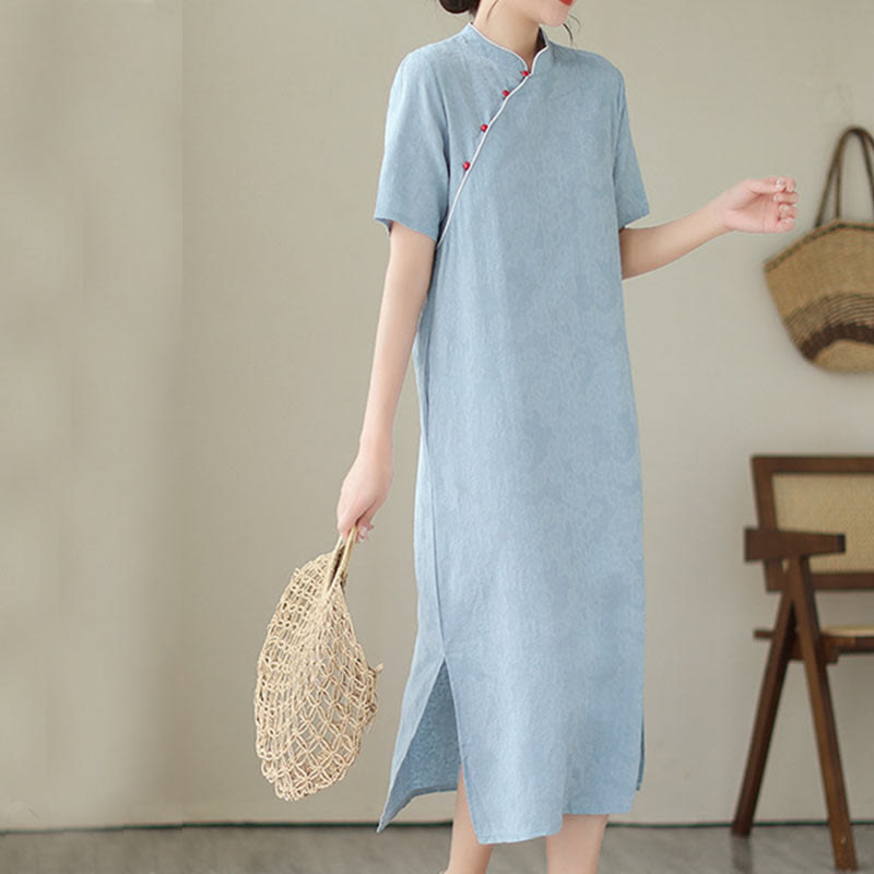 Jacquard Solid Color Cotton Linen Short Sleeve Cheongsam Qipao Midi Dress With Pockets
