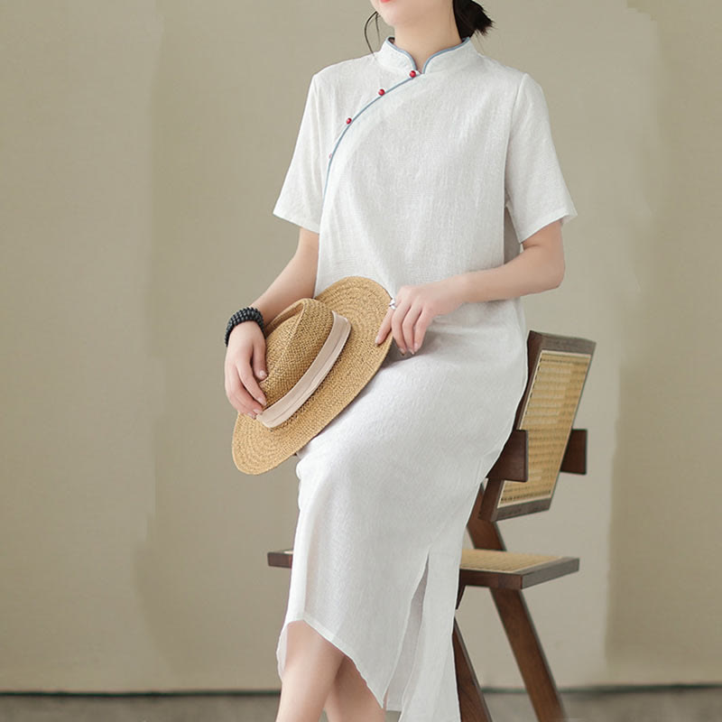Jacquard Solid Color Cotton Linen Short Sleeve Cheongsam Qipao Midi Dress With Pockets