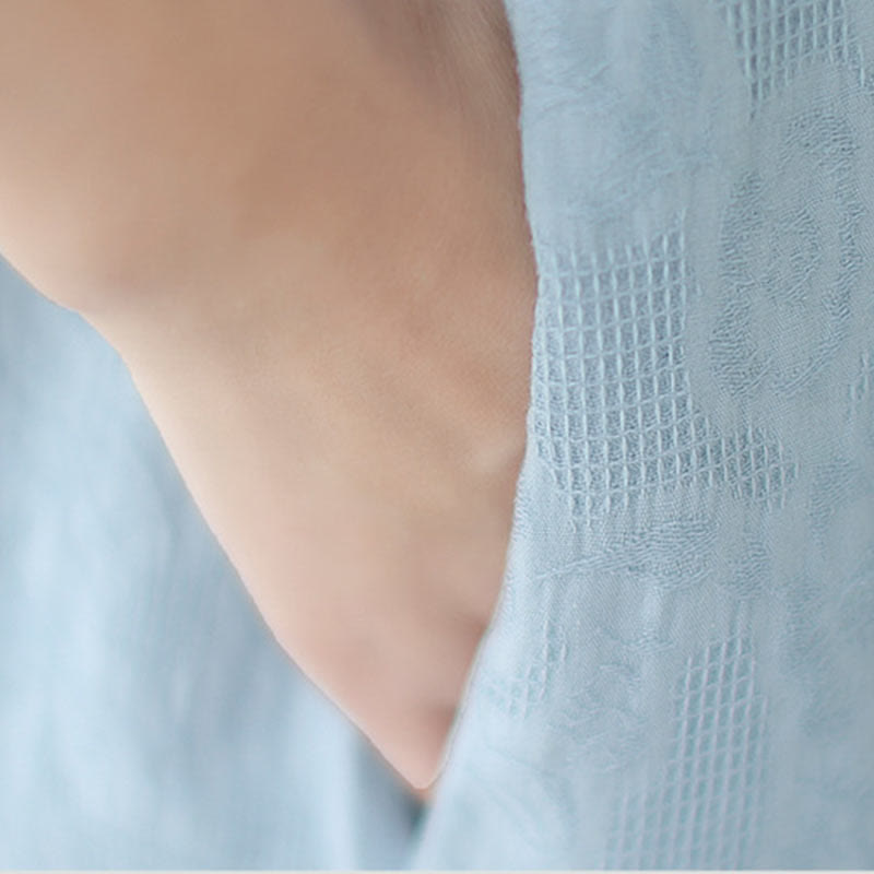 Jacquard Solid Color Cotton Linen Short Sleeve Cheongsam Qipao Midi Dress With Pockets