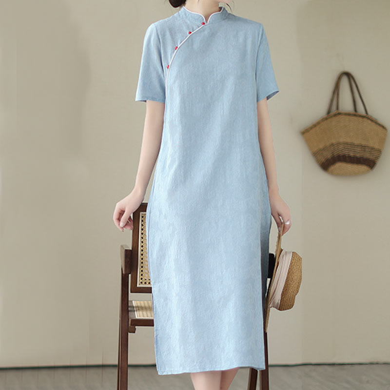 Jacquard Solid Color Cotton Linen Short Sleeve Cheongsam Qipao Midi Dress With Pockets