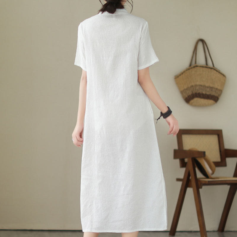 Jacquard Solid Color Cotton Linen Short Sleeve Cheongsam Qipao Midi Dress With Pockets