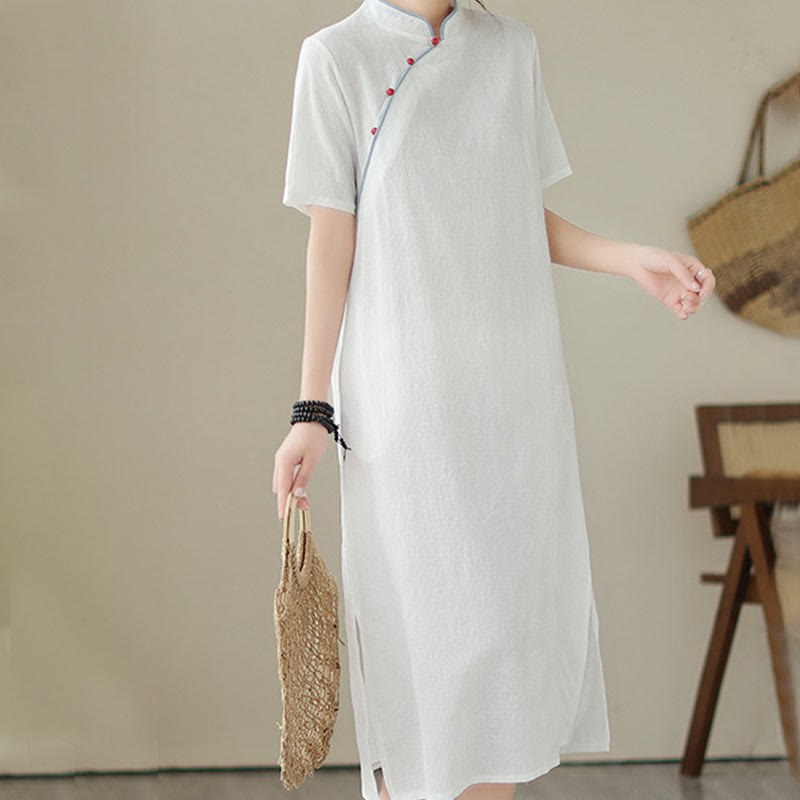 Jacquard Solid Color Cotton Linen Short Sleeve Cheongsam Qipao Midi Dress With Pockets