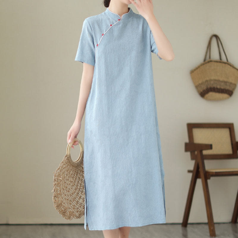 Jacquard Solid Color Cotton Linen Short Sleeve Cheongsam Qipao Midi Dress With Pockets