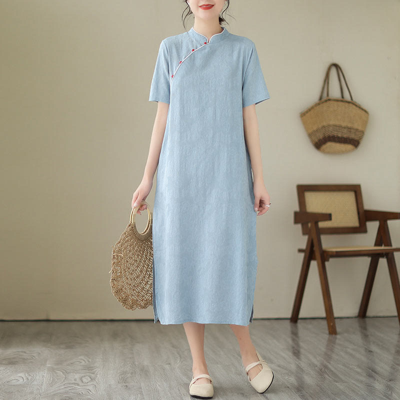 Jacquard Solid Color Cotton Linen Short Sleeve Cheongsam Qipao Midi Dress With Pockets
