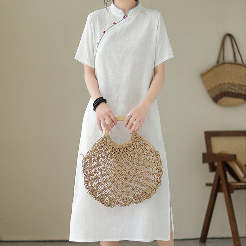 Jacquard Solid Color Cotton Linen Short Sleeve Cheongsam Qipao Midi Dress With Pockets