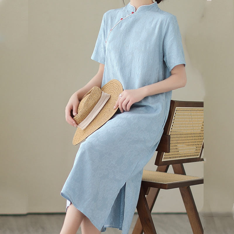 Jacquard Solid Color Cotton Linen Short Sleeve Cheongsam Qipao Midi Dress With Pockets