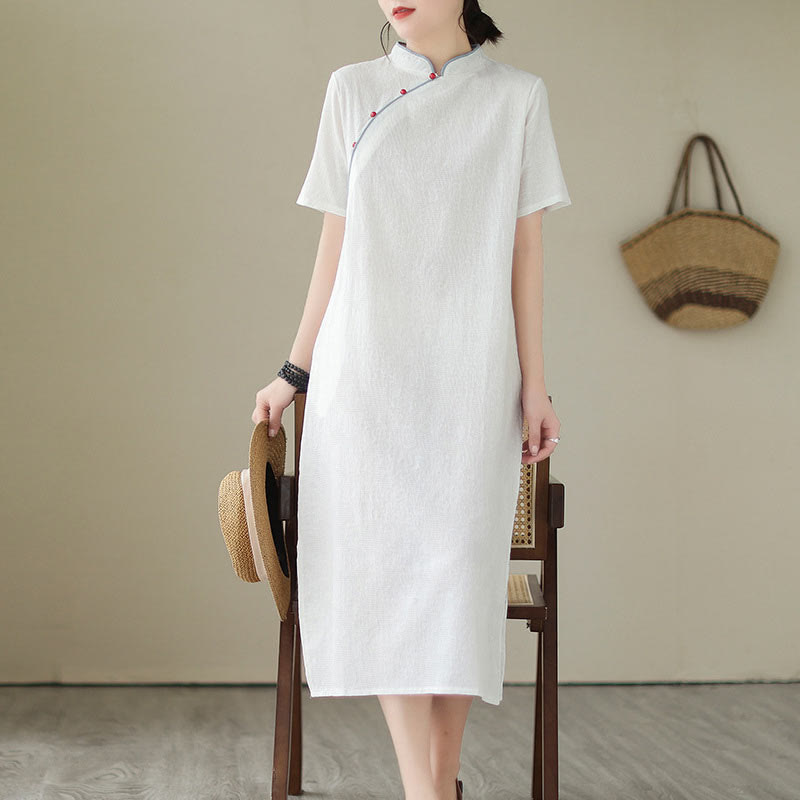 Jacquard Solid Color Cotton Linen Short Sleeve Cheongsam Qipao Midi Dress With Pockets