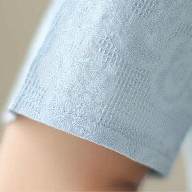 Jacquard Solid Color Cotton Linen Short Sleeve Cheongsam Qipao Midi Dress With Pockets