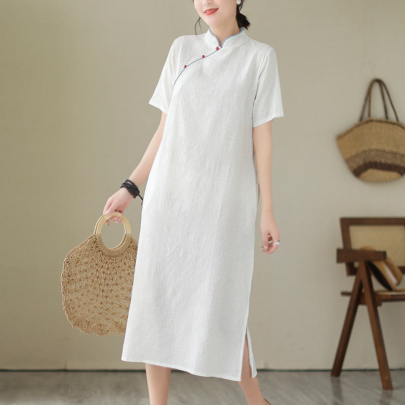 Jacquard Solid Color Cotton Linen Short Sleeve Cheongsam Qipao Midi Dress With Pockets