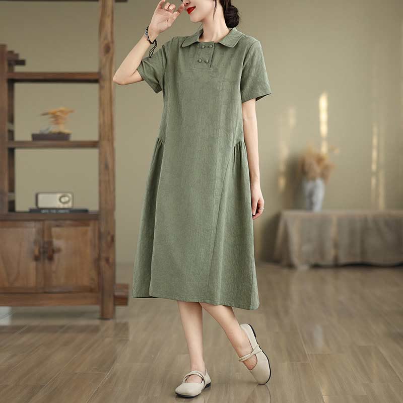 Textured Cotton Linen Lapel Grounding Midi Dress