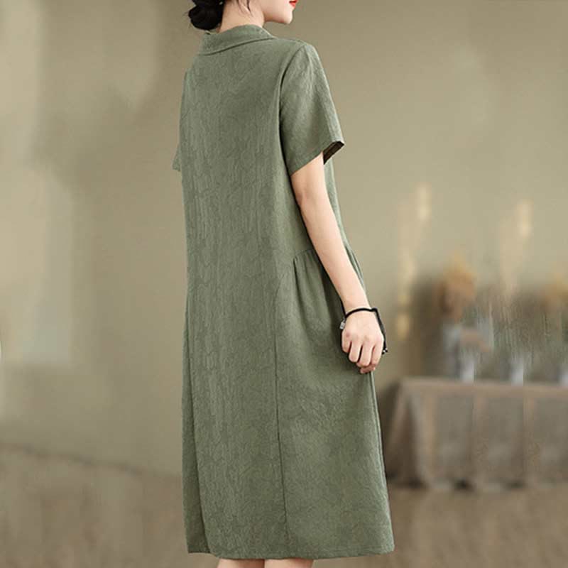 Textured Cotton Linen Lapel Grounding Midi Dress