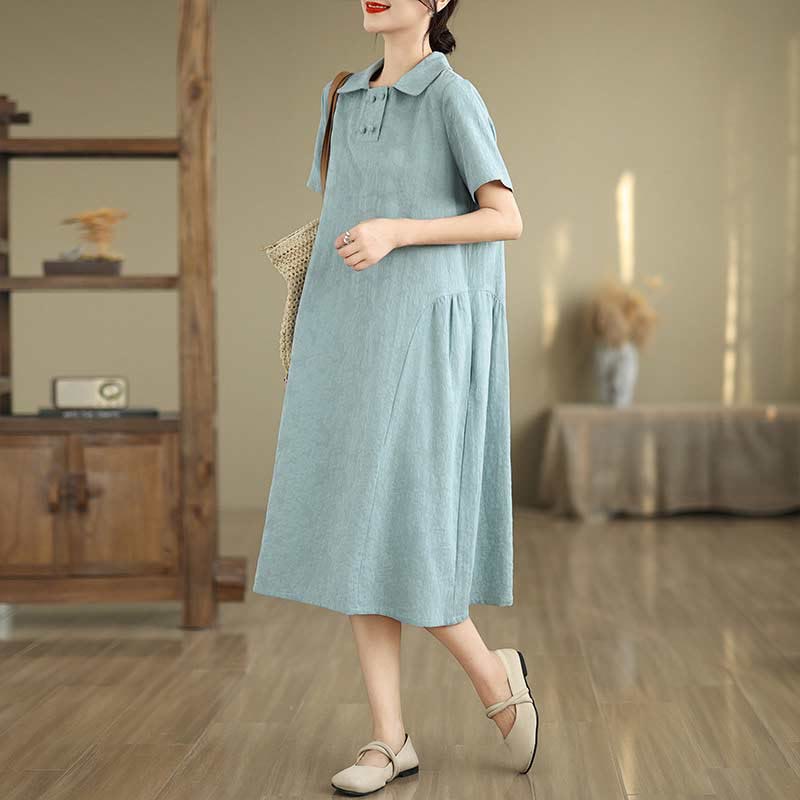 Textured Cotton Linen Lapel Grounding Midi Dress